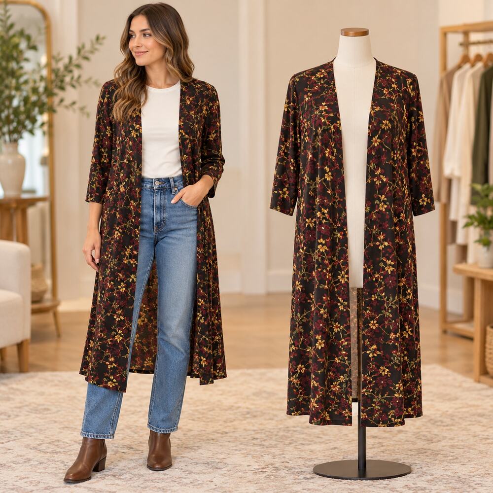 LuLaRoe Women’s Medium Black Burgundy Floral Longline Duster Cardigan
